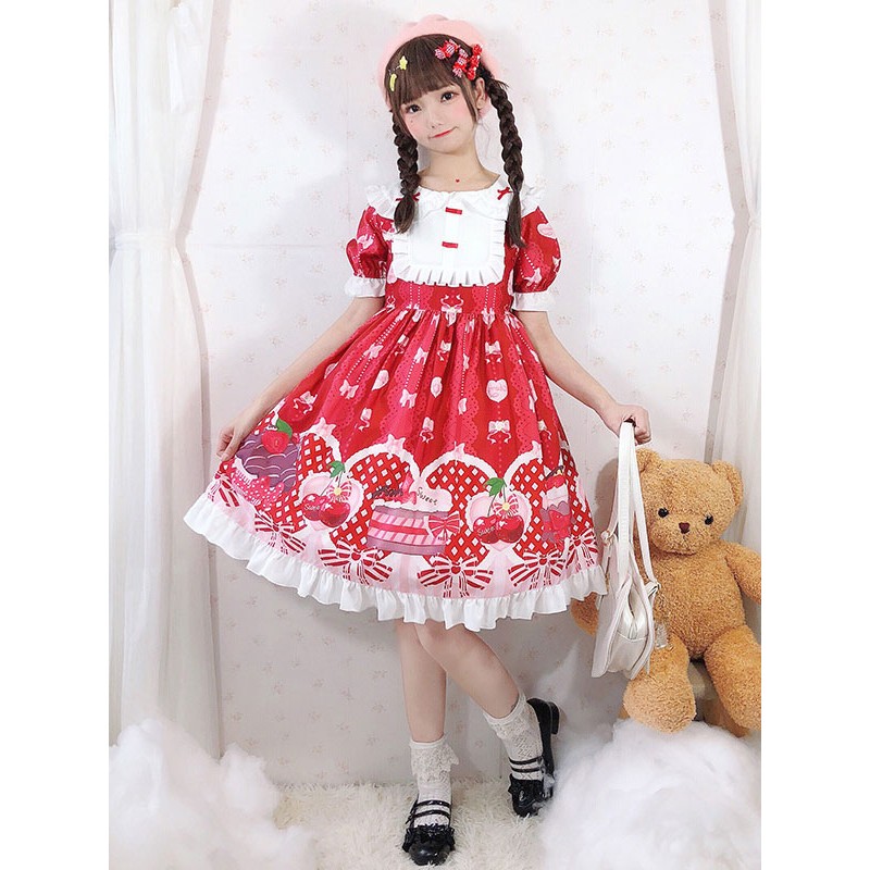 Lolita OP Dress Strawberry Cake Ruffles Lolita One Piece Dresses Sweet Spring Summer Daily Casual