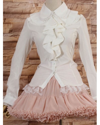 White Long Sleeves Lolita Blouse With Lapel And Ruffles Sweet