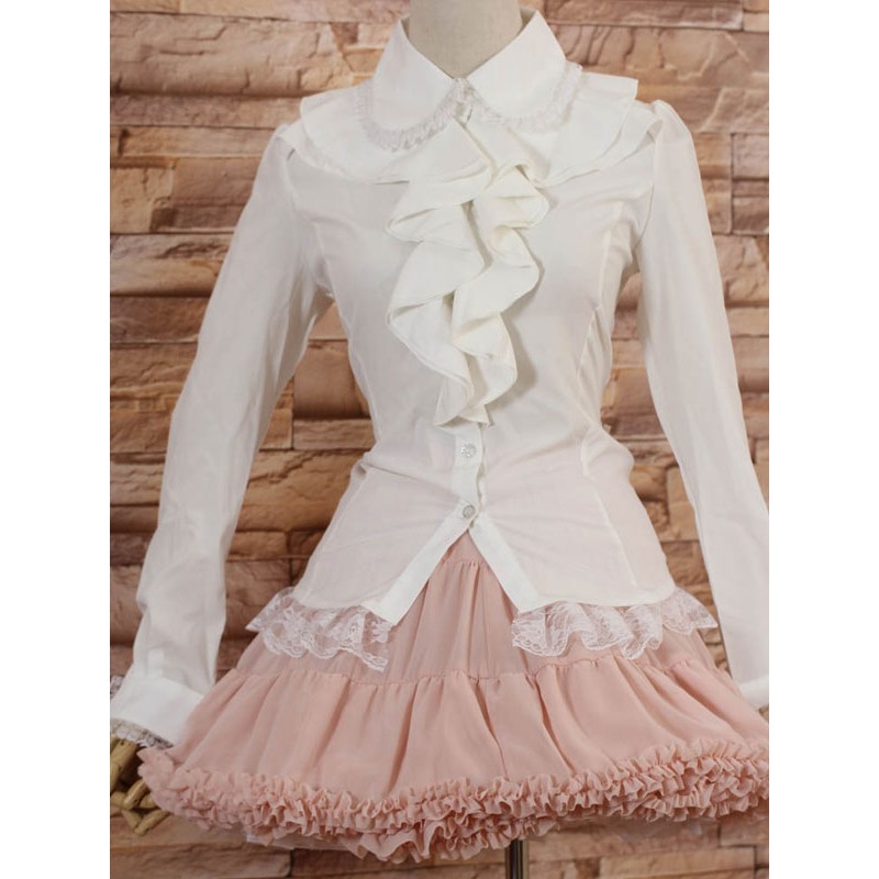 White Long Sleeves Lolita Blouse With Lapel And Ruffles Sweet