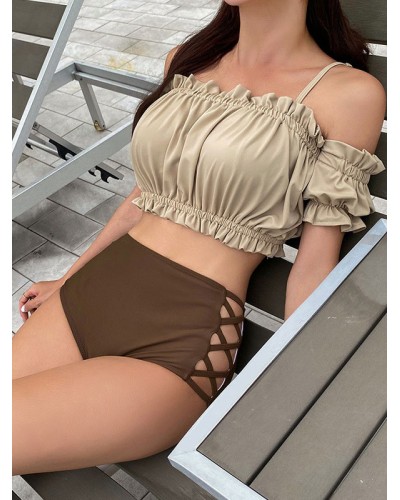 Coffee Brown Lolita Outfits Ruffles Short Sleeves Pants  Swimsuit Sets Daily Casual