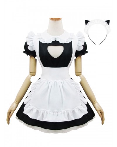 Lolita Outfits Black Puff Sleeve Peter Pan Collar Two Tone OP One Piece Dress With Ruffles Apron And Headpieces Sets Maid Daily Casual