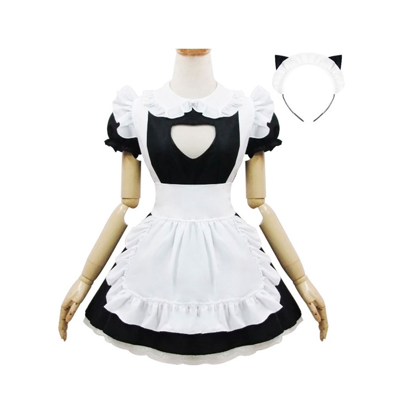 Lolita Outfits Black Puff Sleeve Peter Pan Collar Two Tone OP One Piece Dress With Ruffles Apron And Headpieces Sets Maid Daily Casual