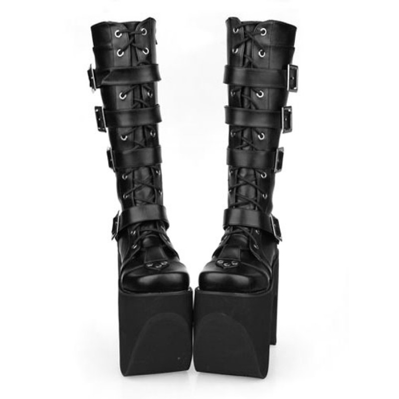 Black Thick Sole Buckle Leather Round Toe Lolita Boots