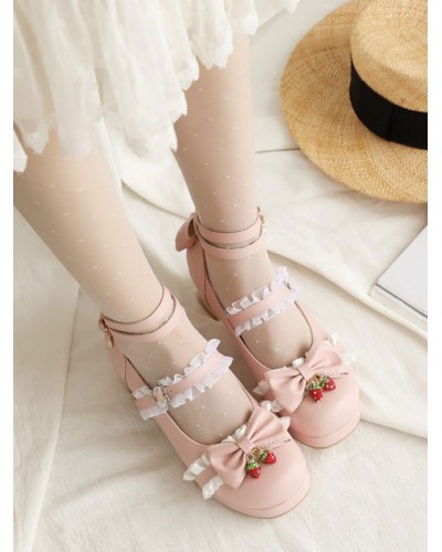 Sweet Lolita Footwear Bows Strawberry Round Toe Leather Lolita Shoes