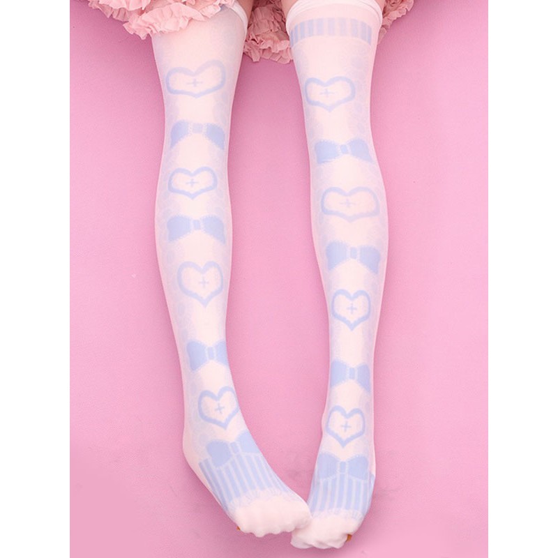 Sweet Lolita Stockings Light Pink Velvet Heart Bow Printed Lolita Socks Daily Casual