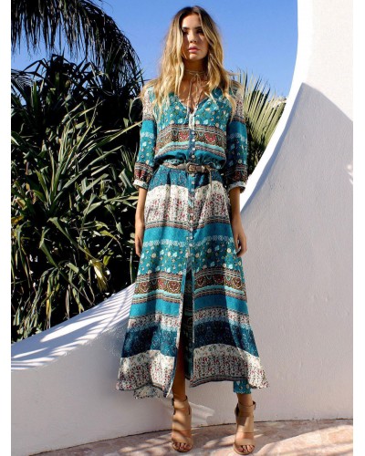 Women Maxi Dress V-Neck Long Sleeves Printed Floor Length Dress Bohemian Spring Summer