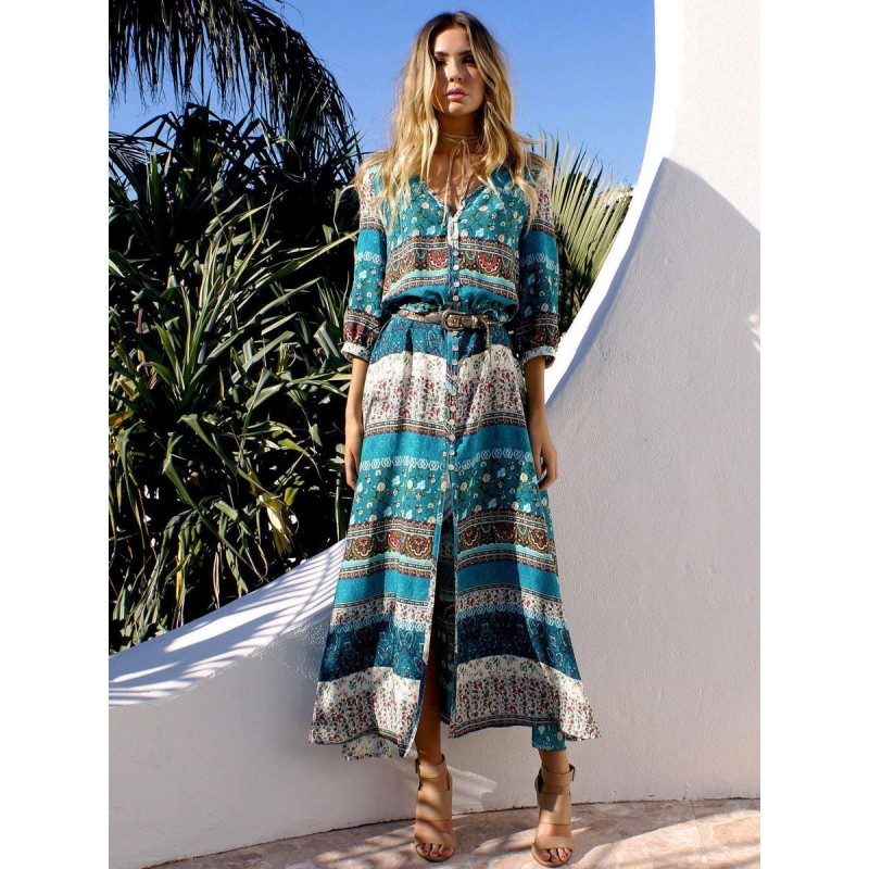 Women Maxi Dress V-Neck Long Sleeves Printed Floor Length Dress Bohemian Spring Summer