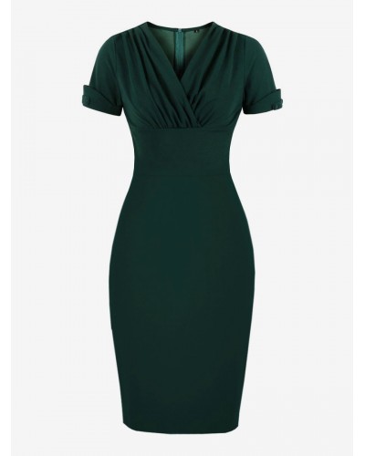 Bodycon Dresses Dark Green Short Sleeves V-Neck Slim Fit Dress Sheath Dress Vintage Retro Summer