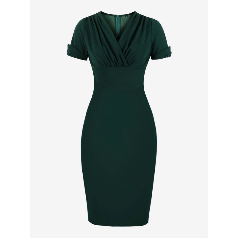 Bodycon Dresses Dark Green Short Sleeves V-Neck Slim Fit Dress Sheath Dress Vintage Retro Summer