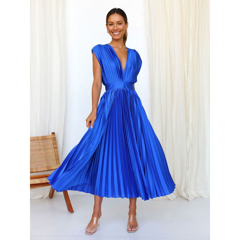 Midi Dress V-Neck Sleeveless Casual Oversized Pleated Party Dress Maxi Daily Casual