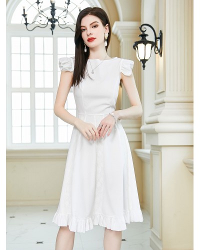 Women Dress Jewel Neck Pleated White Medium Beach Dress Elegant Chic  Modern Spring Summer Fall