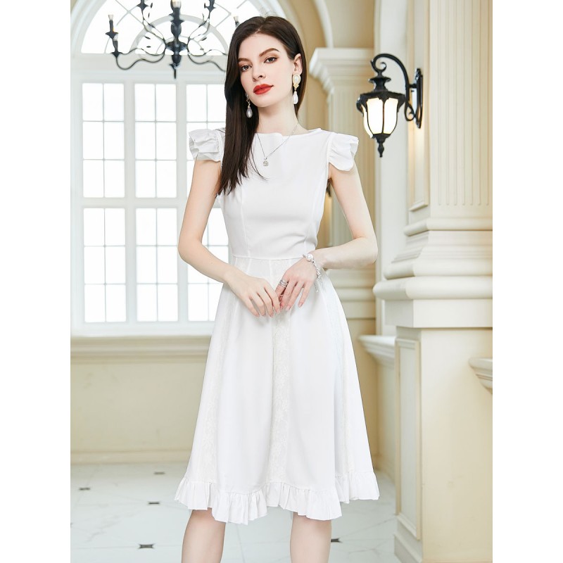 Women Dress Jewel Neck Pleated White Medium Beach Dress Elegant Chic  Modern Spring Summer Fall