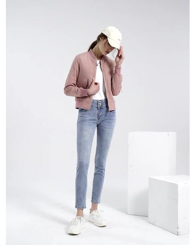 Women Bomber Jacket Baseball Jacket Pink Solid Color Stand Collar Zip Up Cotton Filled Street Outerwear Casual Spring Fall Winter Street Wear Field