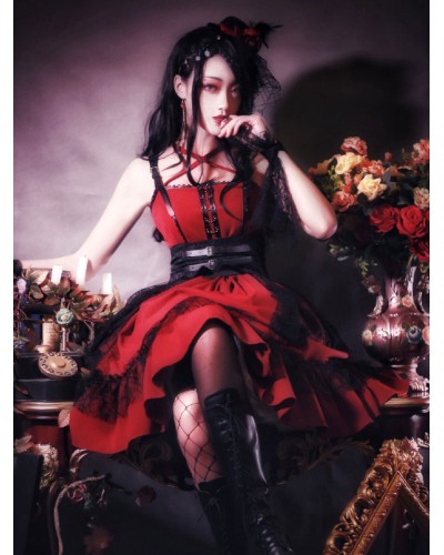 Gothic Lolita JSK Dress Burgundy Polyester Sleeveless Grommets Lace Lace Up Criss-Cross Red Lolita Jumper Skirts