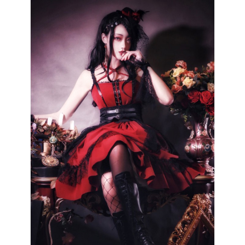 Gothic Lolita JSK Dress Burgundy Polyester Sleeveless Grommets Lace Lace Up Criss-Cross Red Lolita Jumper Skirts