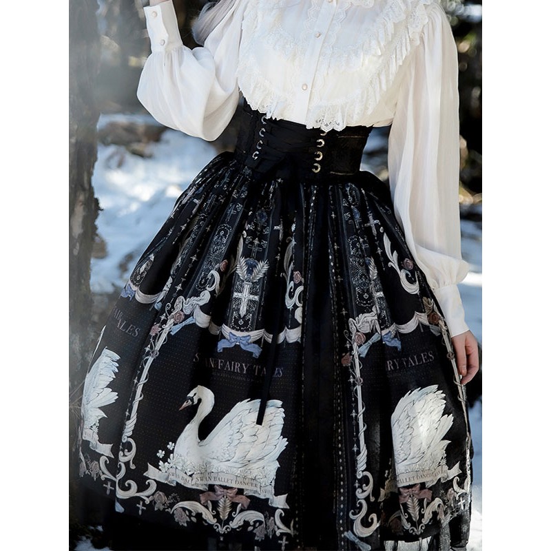 Sweet Lolita SK Dress Swan Pattern Ruffles Polyester Back Lolita Skirts Spring Summer Daily Casual