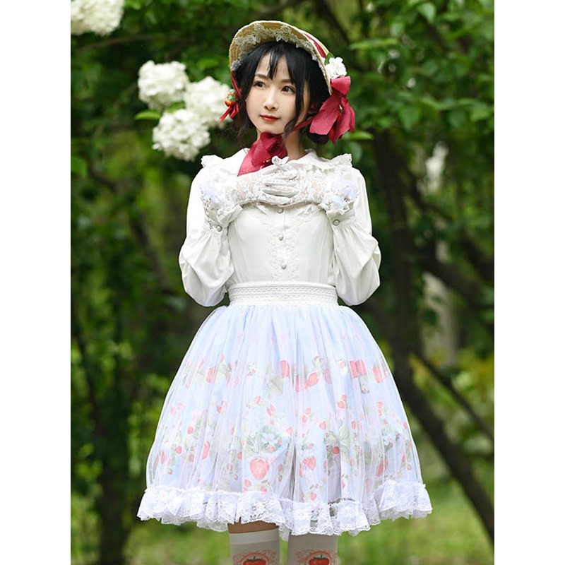 Lolita Skirt Tiered Lace Light Sky Blue Polyester Fruit Pattern Lolita Mini Skirts Sweet Spring Summer Fall Winter