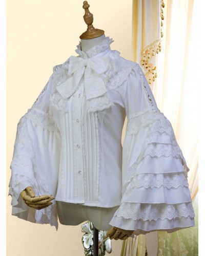 Classic Lolita Shirt Bow Lace Layered Ruffle Chiffon White Lolita Blouse Spring Fall