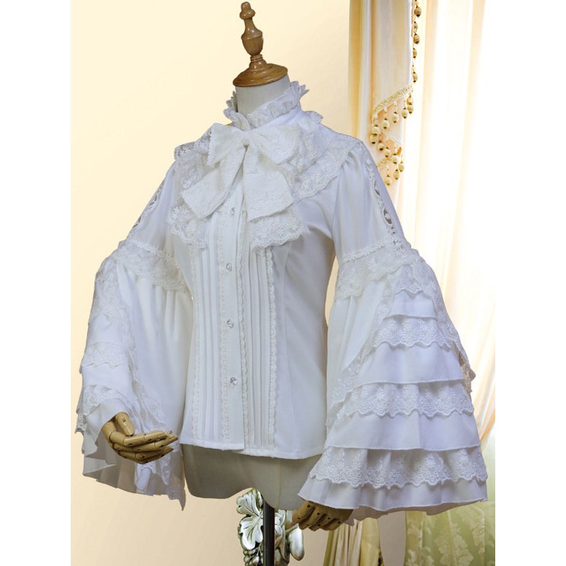 Classic Lolita Shirt Bow Lace Layered Ruffle Chiffon White Lolita Blouse Spring Fall