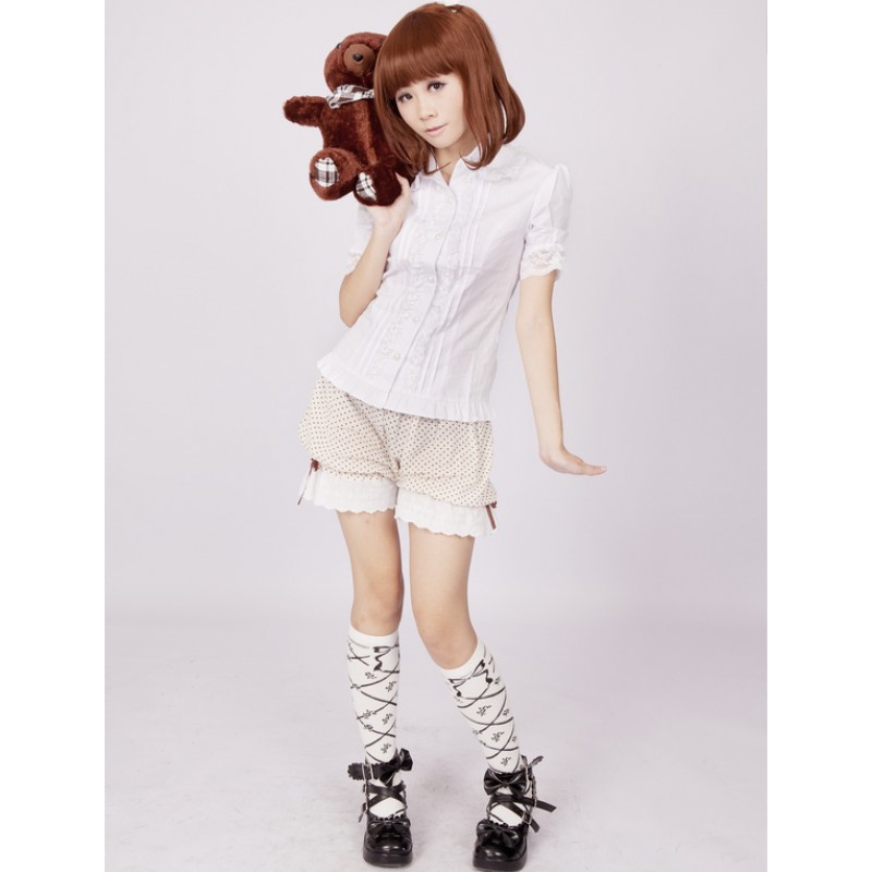 Cotton White Short Sleeves Lace Ruffles Cotton Lolita Blouse Sweet