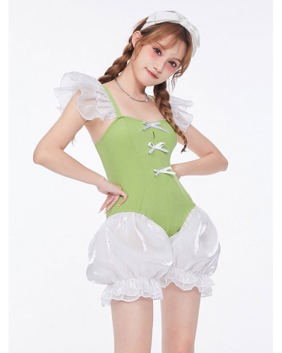 Lolita Swimsuits Green Bows Ruffles Sleeveless One Piece Sets Sweet Daily Casual