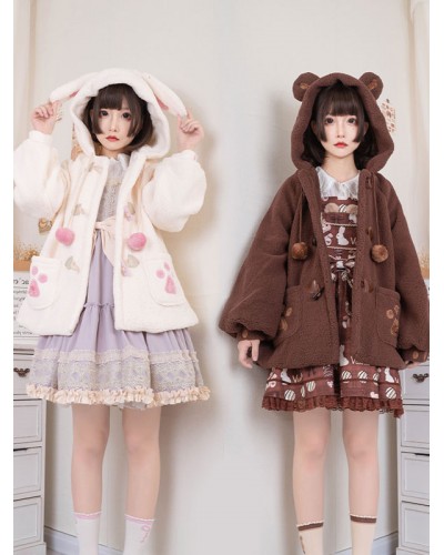 Lolita Coats Coffee Brown Pom Poms Color Block Overcoat Polyester Lolita Outwears Fall Winter