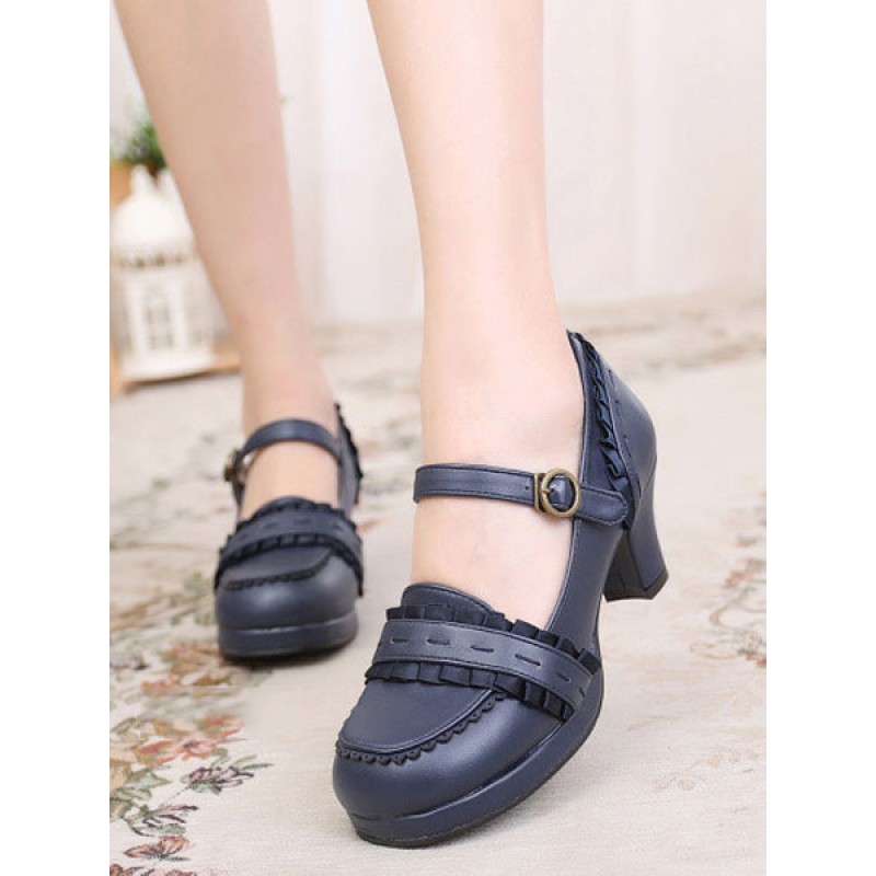 Classic Lolita Footwear Ruffle Chunky Heel Deep Blue Lolita Shoes Daily Casual