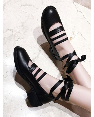 Sweet Lolita Ballet Shoes Black Round Toe Leather Lolita Pumps