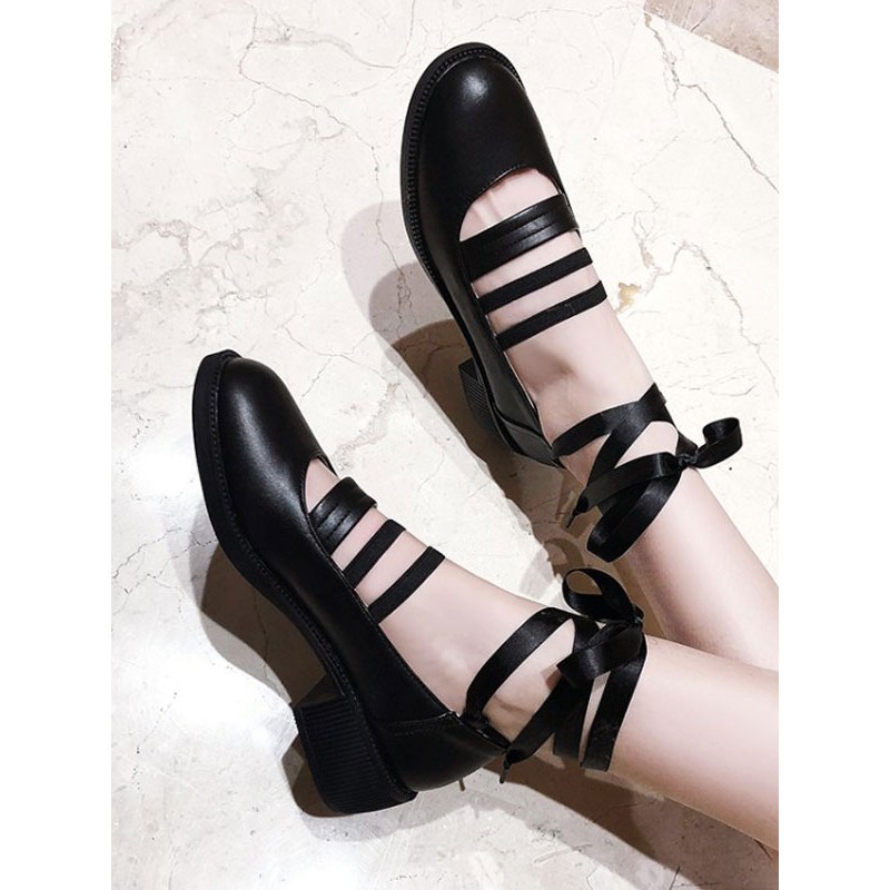 Sweet Lolita Ballet Shoes Black Round Toe Leather Lolita Pumps