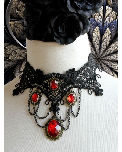 Gothic Lolita Choker Metal Detail Jewel Lace Black Lolita Necklace