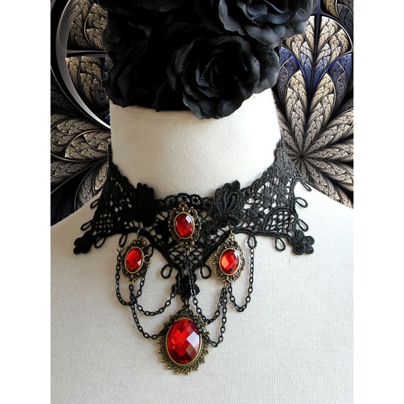 Gothic Lolita Choker Metal Detail Jewel Lace Black Lolita Necklace