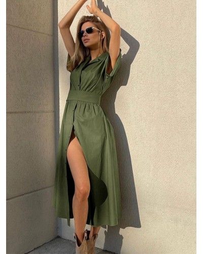 Women Shirt Midi Dress Green Turndown Collar Sash Short Sleeves Dresses Bodycon Spring Summer Fall