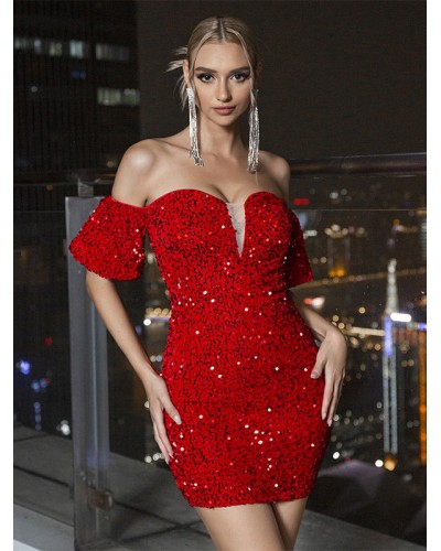 Women Party Dresses Red Bateau Neck Sequins Short Sleeves Backless Semi Formal Dress Sexy Spring Summer Fall