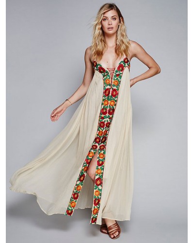 Women Boho Dress Straps Neck Sleeveless Embroidered Gypsy Beach Vacation Ecru White Long Slip Dress Bohemian Spring Summer