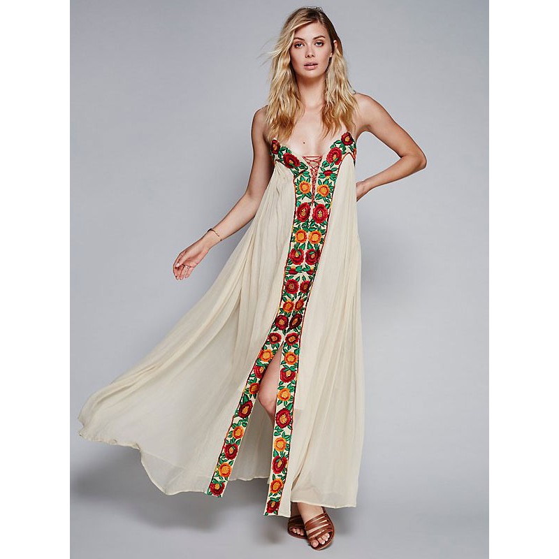 Women Boho Dress Straps Neck Sleeveless Embroidered Gypsy Beach Vacation Ecru White Long Slip Dress Bohemian Spring Summer