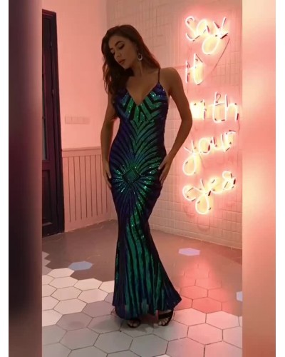 Women Mermaid Party Dresses Sleeveless Sequined Semi Formal Long Dress Sexy Summer