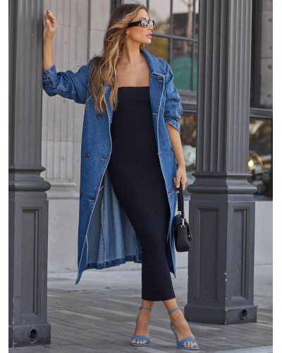 Women 's Trench Coat Trendy Denim Turndown Collar Buttons Long Sleeves Trench Coats Spring Fall Street Wear Daily Casual Field