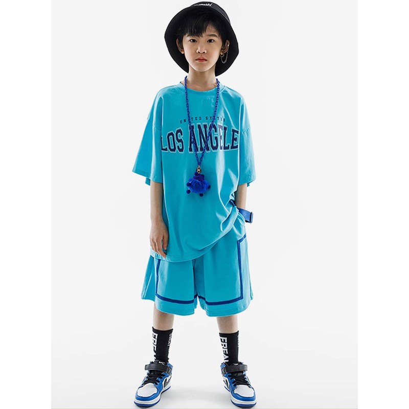 Dance Costumes Kid's Cyan Blue Unisex Top Pants Set Cotton Street Costume Hip Hop Dancing Party