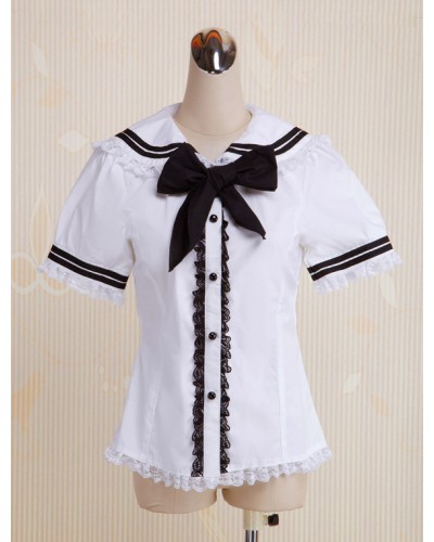 White Cotton Lolita Blouse Short Sleeves Style Lace Trim Bow Sailor