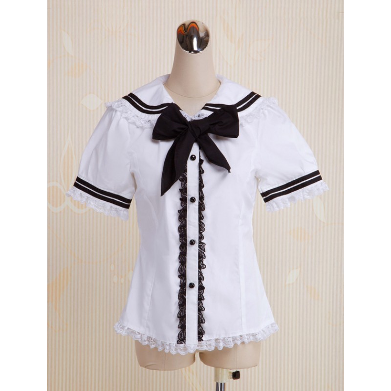 White Cotton Lolita Blouse Short Sleeves Style Lace Trim Bow Sailor