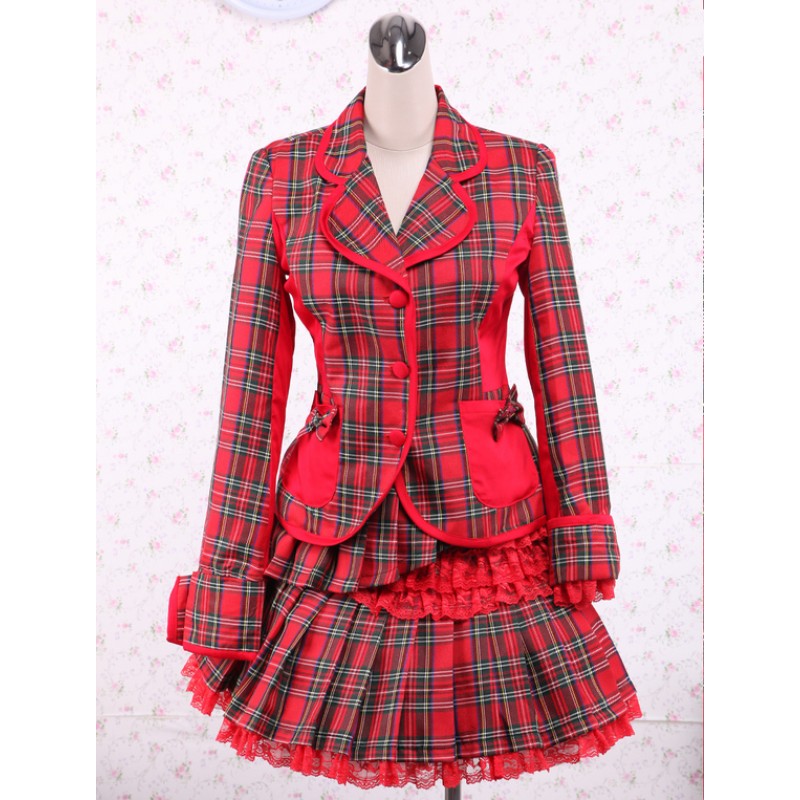 Cotton Red Gingham School Lolita Top And Skirt