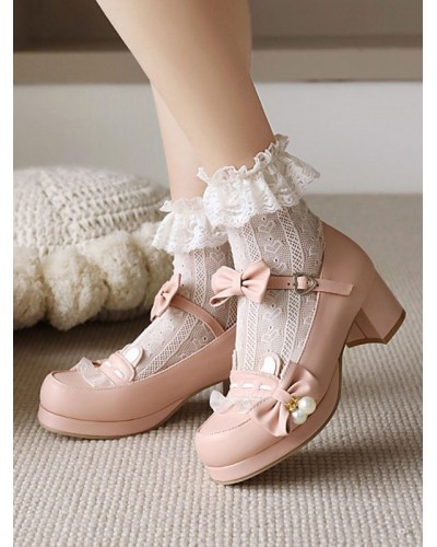 Sweet Lolita Footwear Pink Bowkont Round Toe PU Leather Lolita Pumps Daily Casual