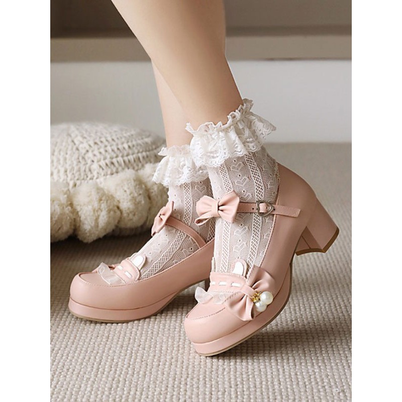 Sweet Lolita Footwear Pink Bowkont Round Toe PU Leather Lolita Pumps Daily Casual