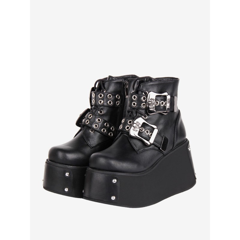 Lolita Boots Black Grommets Round Toe PU Leather Lolita Footwear Shoes Gothic