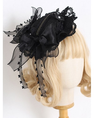 Lolita Hat Black Bows Ruffles Lace Accessory Polyester Lolita Accessories Steampunk Gothic