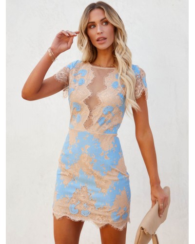 Cut Out Layered Lace Sexy Crewneck Short Sleeves Lace Dresses Bodycon Street Wear