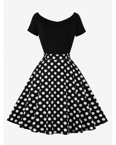 Retro Dress 1950s Audrey Hepburn Style Jewel Neck Short Sleeves Knee Length Polka Dot Rockabilly Dress Bodycon Daily Casual