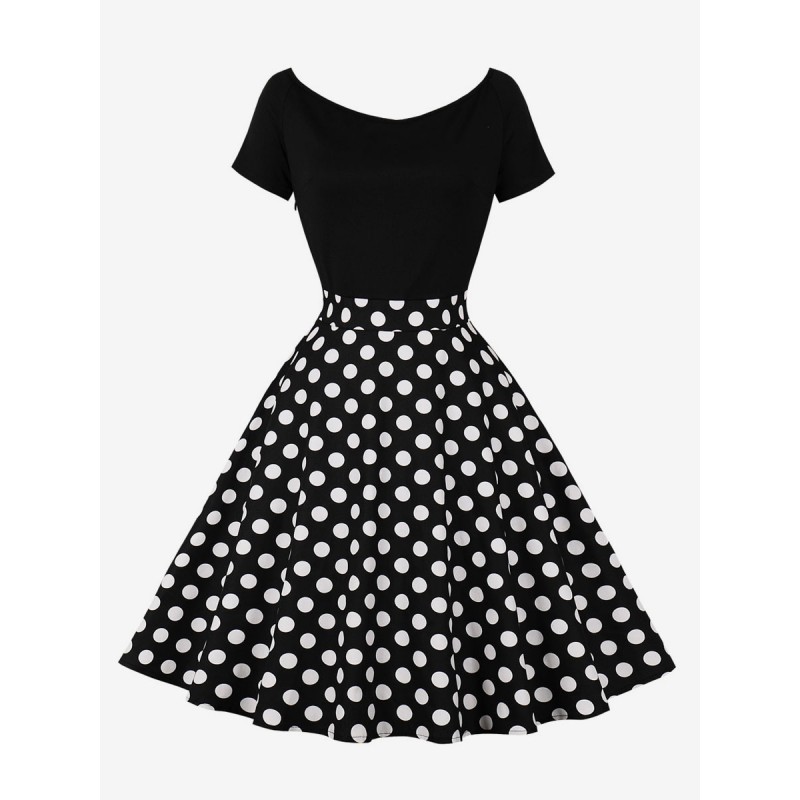 Retro Dress 1950s Audrey Hepburn Style Jewel Neck Short Sleeves Knee Length Polka Dot Rockabilly Dress Bodycon Daily Casual