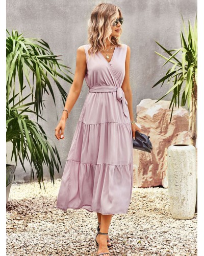 Women Lace Up Chic V-Neck Sleeveless Midi Dress Sweet Summer