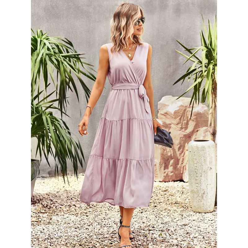 Women Lace Up Chic V-Neck Sleeveless Midi Dress Sweet Summer